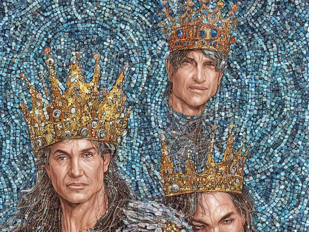 Image similar to an image of an old king wearing a crown of silver adorned with raindrops sitting in a throne of pearls in a mosaic adorned catacomb, victoria era dawn, art by terese nielsen, magali villeneuve, scott fischer