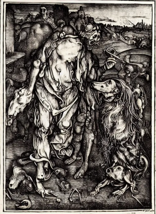 Prompt: death and the dachshund, engraving by albrecht durer, hyper detailed, macabre