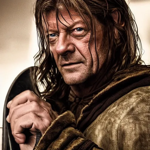 Prompt: sean bean 200 years after wearing the ring of power from the lord of the rings: return of the king, photorealism, award winning, taken by canon 5d mk4, hollywood, photograph
