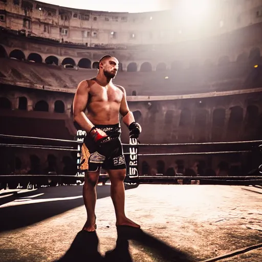 Image similar to photo of mma fighter in roman colosseum, natural light, 4k, high quality, award winning photography