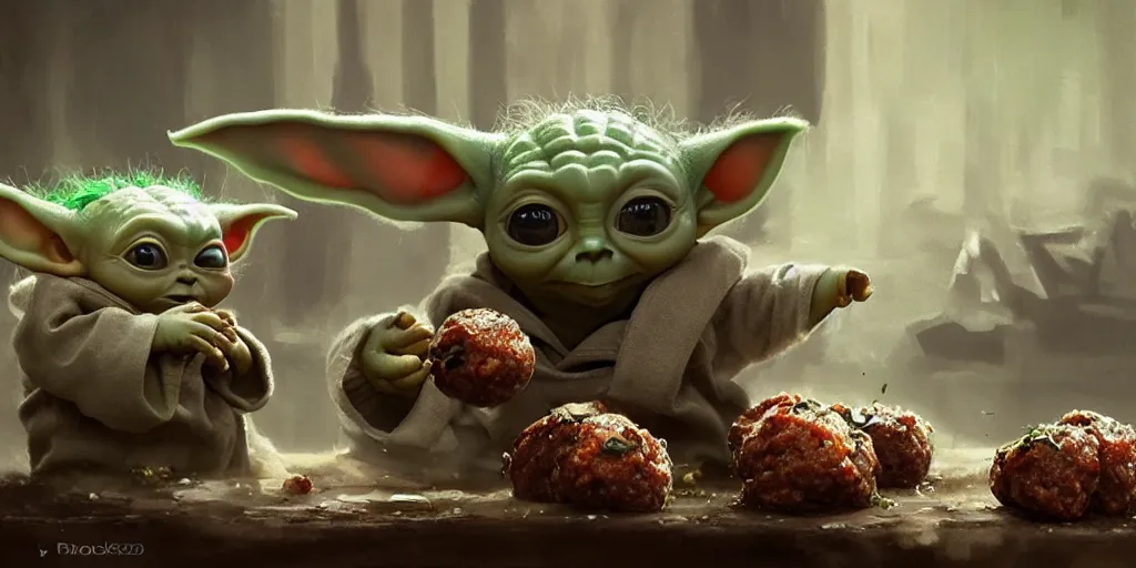 Image similar to baby yoda goes berserker on the meatballs, Greg Rutkowski, Darek Zabrocki, Karlkka, Jayison Devadas, Phuoc Quan, trending on Artstation, 8K, ultra wide angle, pincushion lens effect.