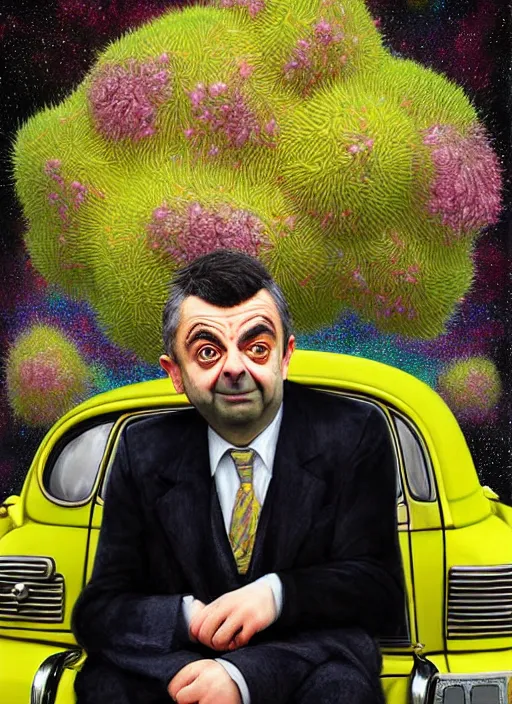 Image similar to hyper detailed 3d render like a Oil painting muted colors - slightly silly portrait of Rowan Atkinson cross eyed as Mr. Bean atop his yellow beetle in Aurora seen tickling of the Strangling network of yellowcake aerochrome and milky Fruit and Her delicate Hands hold of gossamer polyp blossoms bring iridescent fungal flowers whose spores black the foolish stars by Jacek Yerka, Mariusz Lewandowski, Houdini algorithmic generative render, Abstract brush strokes, Masterpiece, Edward Hopper and James Gilleard, Zdzislaw Beksinski, Nicoletta Ceccoli, Wolfgang Lettl, hints of Yayoi Kasuma, octane render, 8k