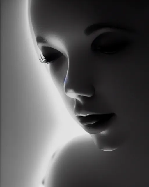 Image similar to black and white high quality photo of a beautiful female vegetal-cyborg looking into a sci-fi mirror, volumetric lighting, brutalism, foggy, dreamy, hyperdetailed, bokeh, photorealistic, cinematic, masterpiece, elegant, dark, by Man Ray in the style of Horst P. Horst, octane render, 8K,