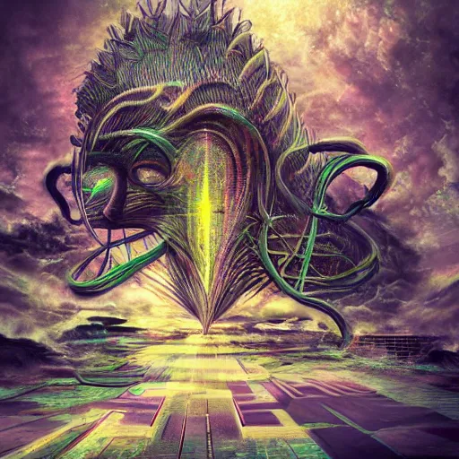 Prompt: basilisk of roko and the awakening of an ai with consciousness, surreal technological conceptual art magical cybernetic realism horro visions distopic and utopic art