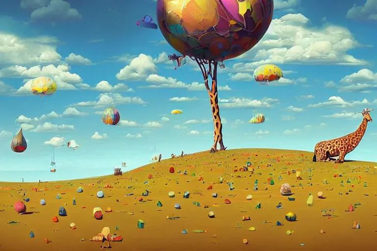 Image similar to surreal glimpse into other universe, floating island in the sky, sky, sea, wind, happy giraffe, summer morning, very coherent and colorful high contrast, art by!!!! gediminas pranckevicius!!!!, geof darrow, dark shadows, hard lighting