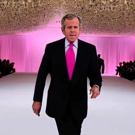 Prompt: cinematic shot of george bush wearing a pink unitard walking down a runway at a fashion show, 8 k, very detailed, very intricate,