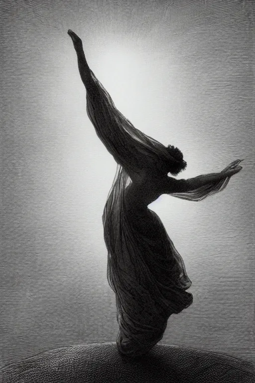 Prompt: dancer in the wind by gustave dore, light cone, reimagined by industrial light and magic