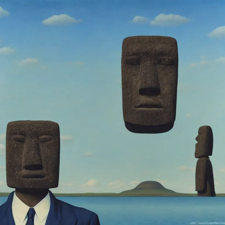 Image similar to portrait of a faceless moai - head man in a suit, clouds in the background, by rene magritte, detailed painting, distance, middle centered, hd, hq, high resolution, high detail, 4 k, 8 k