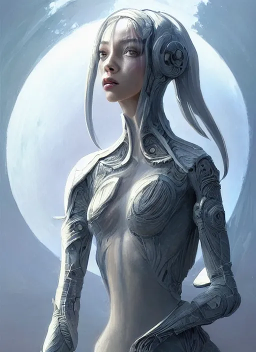 Image similar to a professional painting of a beautiful young female alien, clothed in ethereal armor, olive skin, long dark hair, beautiful bone structure, symmetrical facial features, intricate, elegant, digital painting, concept art, smooth, sharp focus, illustration, from Valerian and the City of a Thousand Planets, by Ruan Jia and Mandy Jurgens and Artgerm and William-Adolphe Bouguerea