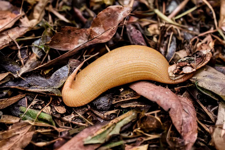 Image similar to a slug slithering on dead leaves in a forest, canon eos r 3, f / 1. 4, iso 2 0 0, 1 / 1 6 0 s, 8 k, raw, unedited, symmetrical balance, in - frame,