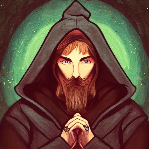 Prompt: portrait of a mysterious wizard with a Hood, bright eyes, fantasy, mucha style, bokeh, magic lights, cinematic