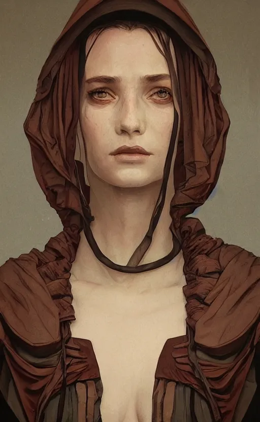 Image similar to portrait of a dystopian woman wearing an outfit inspired by the handmaid ’ s tale ( 2 0 1 7 ), intricate, headshot, highly detailed, digital painting, artstation, concept art, sharp focus, cinematic lighting, digital painting, art by artgerm and greg rutkowski, alphonse mucha, cgsociety