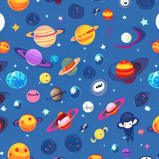 Image similar to outer space view of living planets with cartoon faces, style by kurzgesagt and pixar and dreamworks and disney