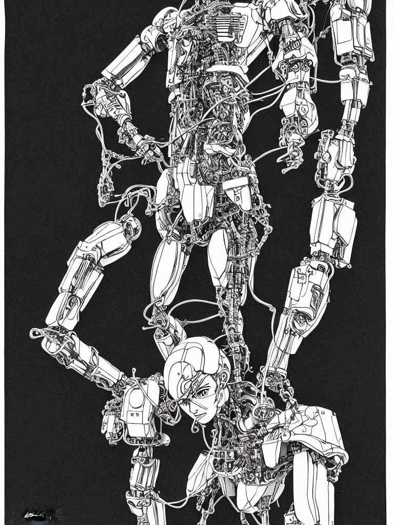 Prompt: prompt: Fragile looking figure, portrait face drawn by Katsuhiro Otomo, accurate full body character drawing, inspired by Evangeleon and Akira 1988, cyborg and wire details parts with details, clean ink detailed line drawing, intricate detail, manga 1990, golden ration composition