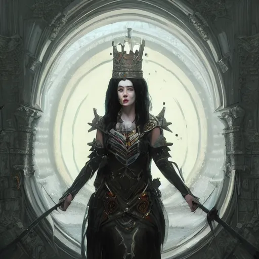 Image similar to portrait of a fantasy tall woman with black hair pale skin and a crown on her head, intricate baroque armour, glowing aura, trending on artstation, 4 k, greg rutkowski, concept art, matte painting,