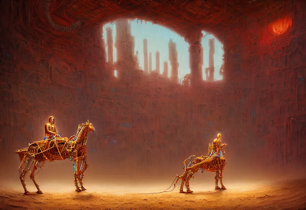 Prompt: A closeup human in arabian vestments performs a vivid magical ritual to resurrect a mechanical horse inside a ancient steel ruins are covered with barchans of sand. Art by Finnian MacManus, Simon Stalenhag. Masterpiece, fantasy art, cinematic, hyperdetailed, photorealistic, steampunk, hyperrealism, octane render, 8k