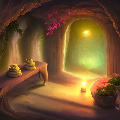 Image similar to cozy bathhouse hidden in a cave, candlelight, towels, cushions, natural light, lush plants and flowers, elegant, intricate, fantasy, atmospheric lighting, digital painting, concept art