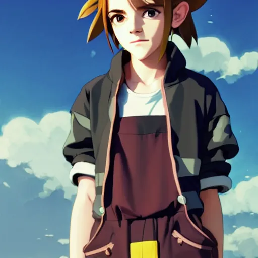 Prompt: beautiful boyish emma watson in majora's mask, wearing oversized mayan bomber jacket with overalls and leotard, bulky poofy bomber jacket with mayan patterns, aztec street fashion, gapmoe yandere grimdark, trending on pixiv fanbox, painted by greg rutkowski makoto shinkai takashi takeuchi studio ghibli, akihiko yoshida