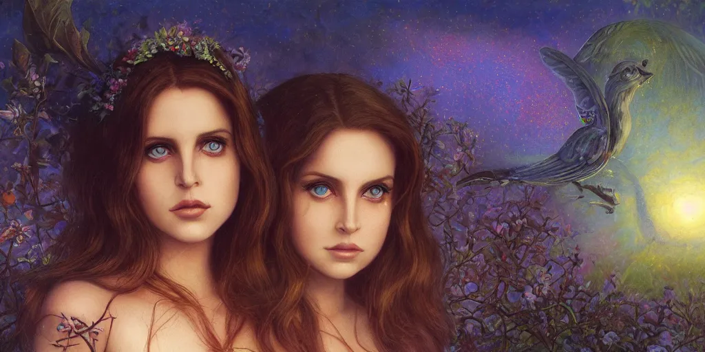 Image similar to big-eyed Lana Del Rey staring into the camera, sundown misty firefly wisps, Lilia Alvarado, Sophie Anderson, Mark Arian, Bob Byerley, Charlie Bowater, Mark Brooks, Steve Henderson, Justin Gerard, Arthur Hughes, Edward Robert Hughes, Mark Keathley, Victor Nizovtsev, Carlos Shwabe, Ross Tran, WLOP