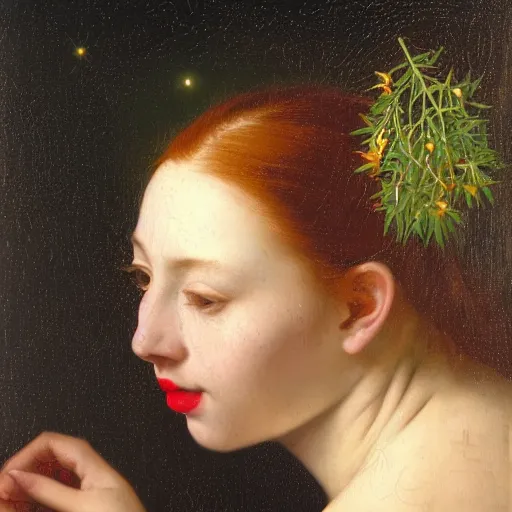 Image similar to portrait of a young woman, among the lights of golden fireflies and nature, long loose red hair, intricate details, green eyes, hint of freckles, round gentle face, happy cheeky smile with red lips, deep focus, smooth, sharp, golden ratio, hyper realistic art by artemisia lomi gentileschi and caravaggio and artgerm