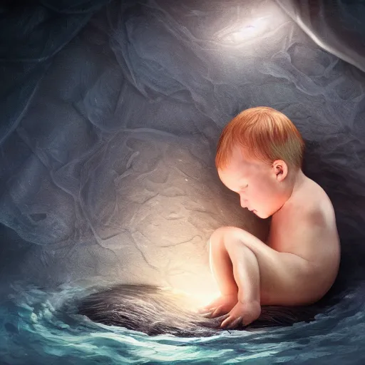 Image similar to a baby mermaid sleeping in an cracked egg, ultrarealistic, dramatic lighting, high details, 4 k, 8 k, best, accurate, trending on artstation, artstation, photorealism, ultrarealistic, digital painting, fantasy art