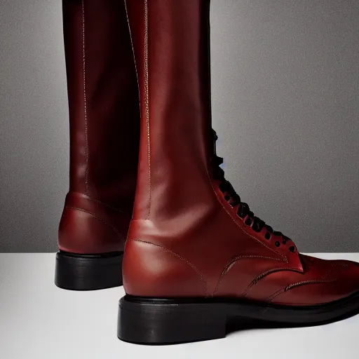 Prompt: an editorial photo of menswear medieval designer combat leather boots designed by alexander mcqueen, 4 k, studio lighting, wide angle lens