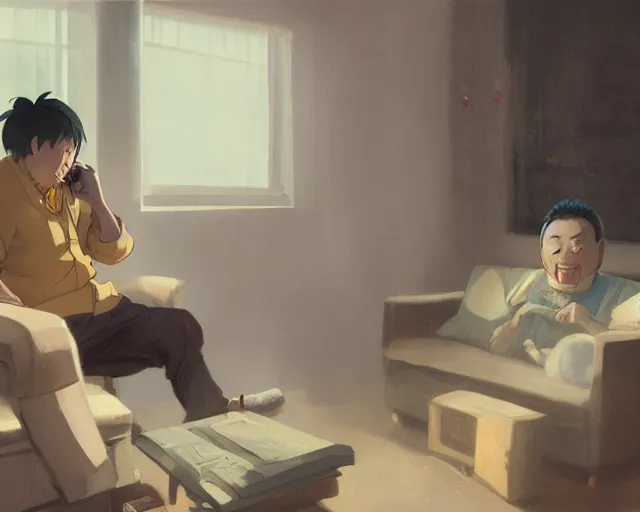 Prompt: a 50 year old brunnete happy chinese man with puffy cheeks sitting on a couch at home and talking on the phone with a worried face, anime art, Greg Rutkowski, studio ghibli, dramatic lighting