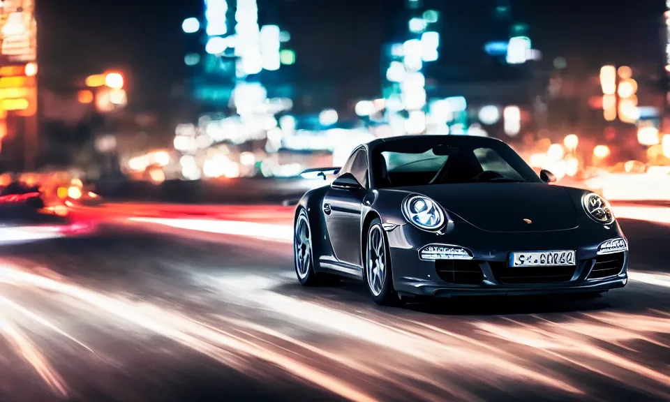 Image similar to photo of a porsche 911 at night driving fast through a city, cinematic, 4k, long exposure photography, tokyo drift, fast and furious, film still, night photography, motion blur, lens flare, movie shot, light trail