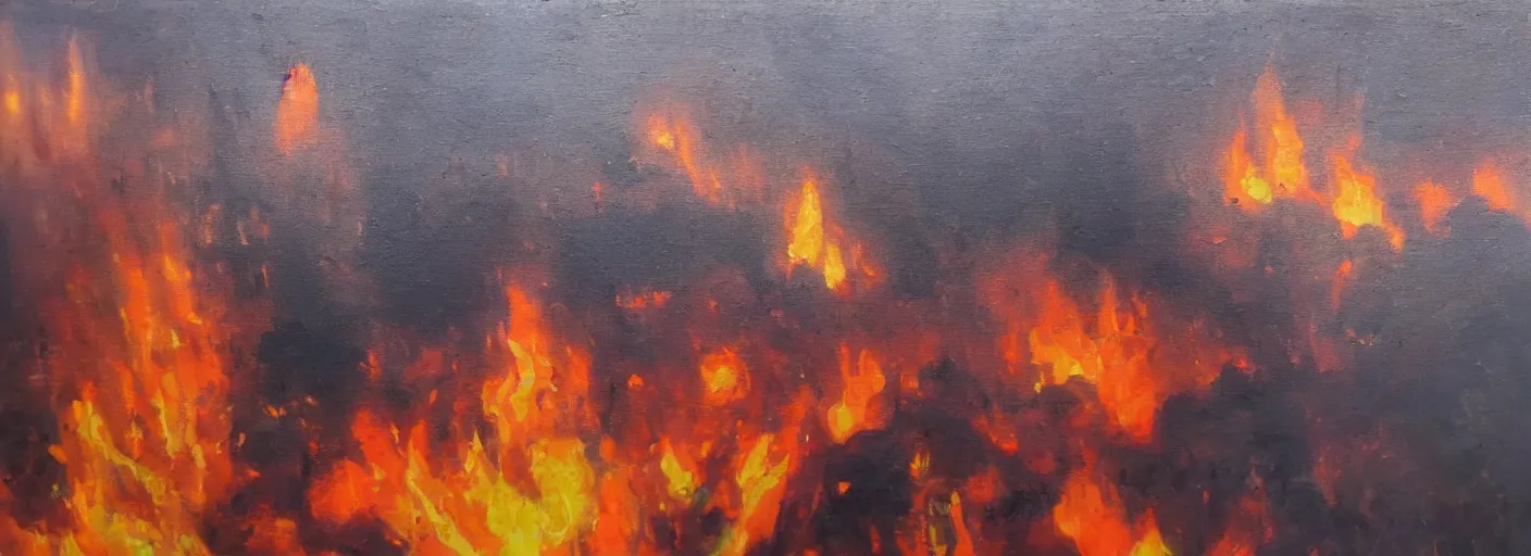 Image similar to a city on fire, oil on canvas