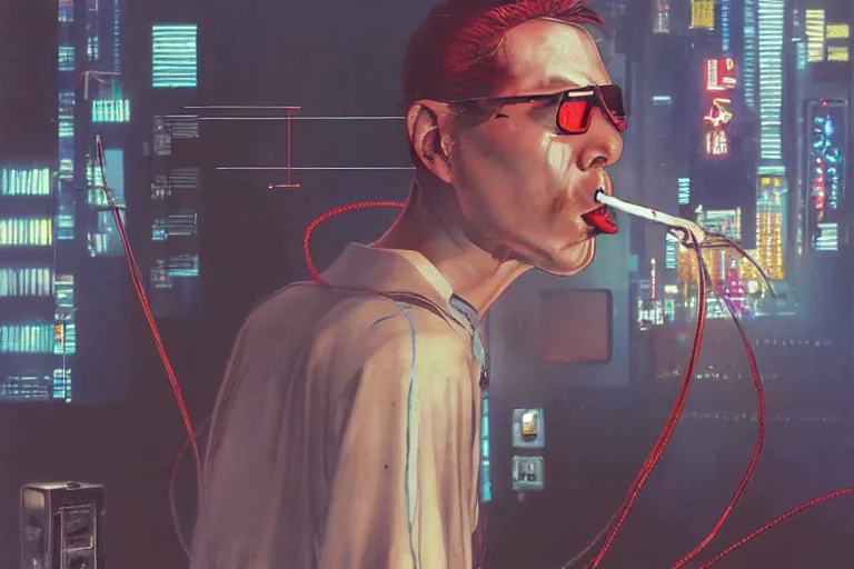 Image similar to man with wires on his head and a cigarette in his mouth, cyberpunk art by noriyoshi ohrai, behance contest winner, panfuturism, circuitry, darksynth, future tech