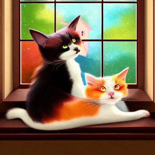 Image similar to two cute multi - colored calico cats with beautiful eyes sleeping inside a cozy home in the evening, stars shining in the night sky through the window,, artstation, cgsociety, storybook art