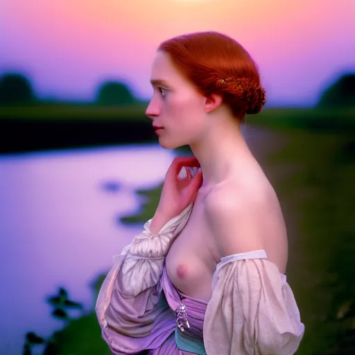 Prompt: high detail photographic portrait of a stunningly beautiful english renaissance female in soft dreamy light at sunset, beside the river, soft focus, contemporary fashion shoot, hasselblad nikon, in a denis villeneuve movie, by alphonse mucha, edward robert hughes, annie leibovitz and steve mccurry, david lazar, jimmy nelsson, hyperrealistic, perfect face