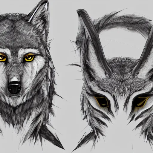 Image similar to ( ( ( ( wolf ) ) ) ) with! owl - head, art reference sheet, featured on artstation