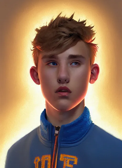 Image similar to portrait of high school senior boy named big moose, blonde short hair, jock, beefy, wide face, square jaw, square facial structure, blue varsity jacket with letter r, intricate, elegant, glowing lights, highly detailed, digital painting, artstation, concept art, sharp focus, illustration, art by wlop, mars ravelo and greg rutkowski