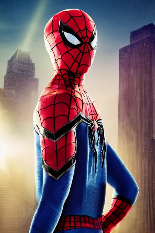 Prompt: tie-dye spider-man, character poster, dramatic lighting, atmospheric dust, intense lens flare, hazy city backdrop