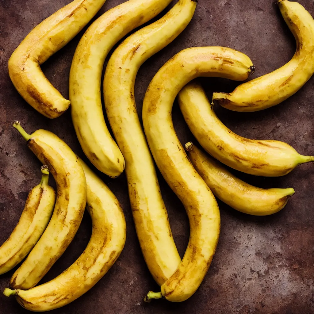 Image similar to long ripe bananas with orange skin, closeup, hyper real, food photography, high quality