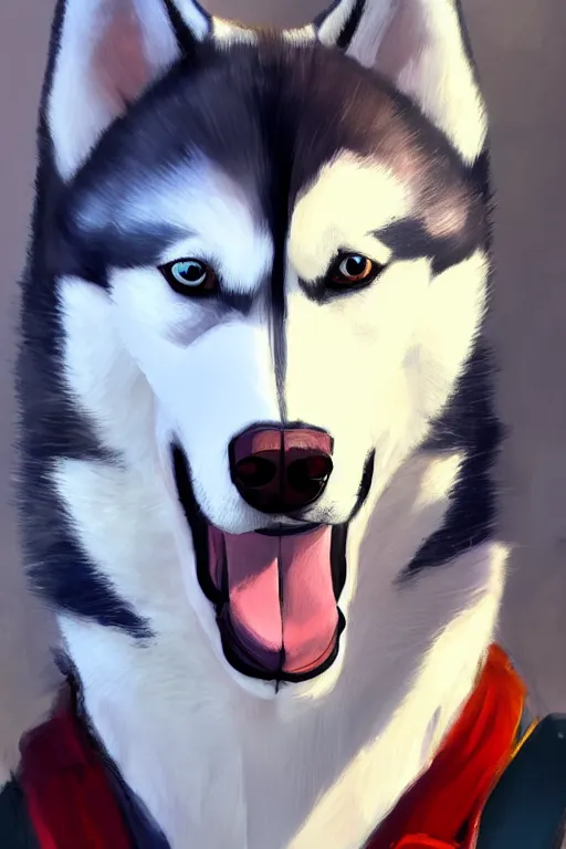 Image similar to a portrait painting of a husky in cowboy costume in the style of anime, [ western film ], [ character design ], humanoid, personify, anthropomorphic, trending on artstation