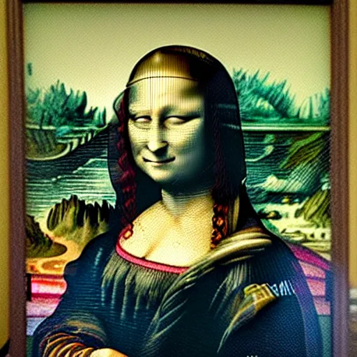 Image similar to mona lisa with a bottle of jenever in schiedam in the style of van gogh