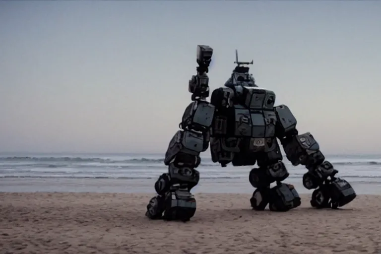 Prompt: cinematography of a giant mech on the beach in Santa Monica by Emmanuel Lubezki