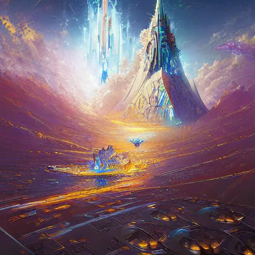 Prompt: skies walking castle crashed spaceship rich digital art depth of field sacred fantasy by alex grey, syd mead, john berkey, fenghua zhong, alena aenami, tristan eaton, john stephens, arthur adams