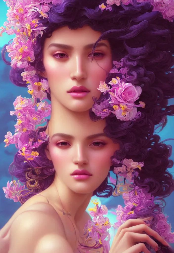 Prompt: young beautiful woman, gorgeous face, vaporwave aesthetic, synthwave, colorful, psychedelic, artstation, flowers, bees, ribbons, concept art, luxurious silvery gown, smooth, extremely sharp detail, finely tuned detail, 8 k, unreal engine 5, ultra sharp focus, illustration, art by artgerm and greg rutkowski and alphonse mucha