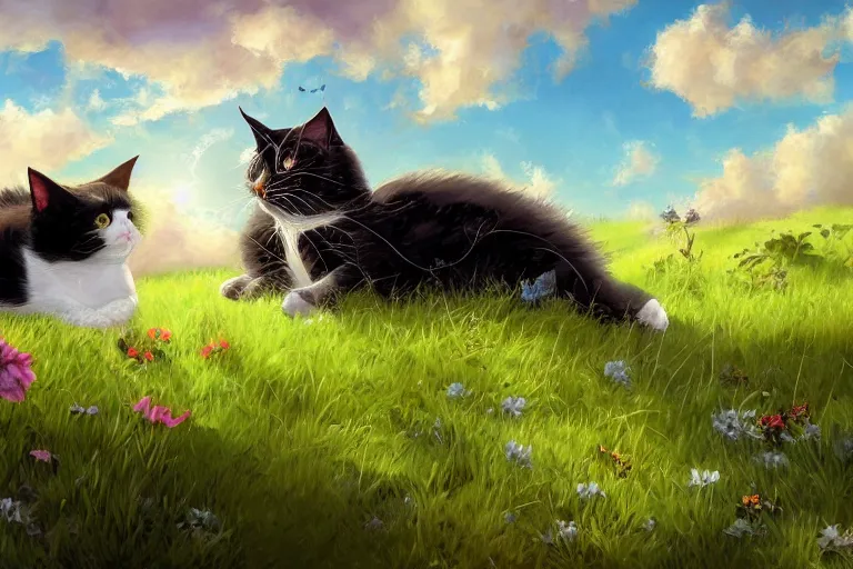 Prompt: a fat black and white male cat and a smaller tri-color tortoiseshell female cat both sleeping peacefully together in a beautiful green meadow, dreamy puffy clouds, painted by Tyler Edlin