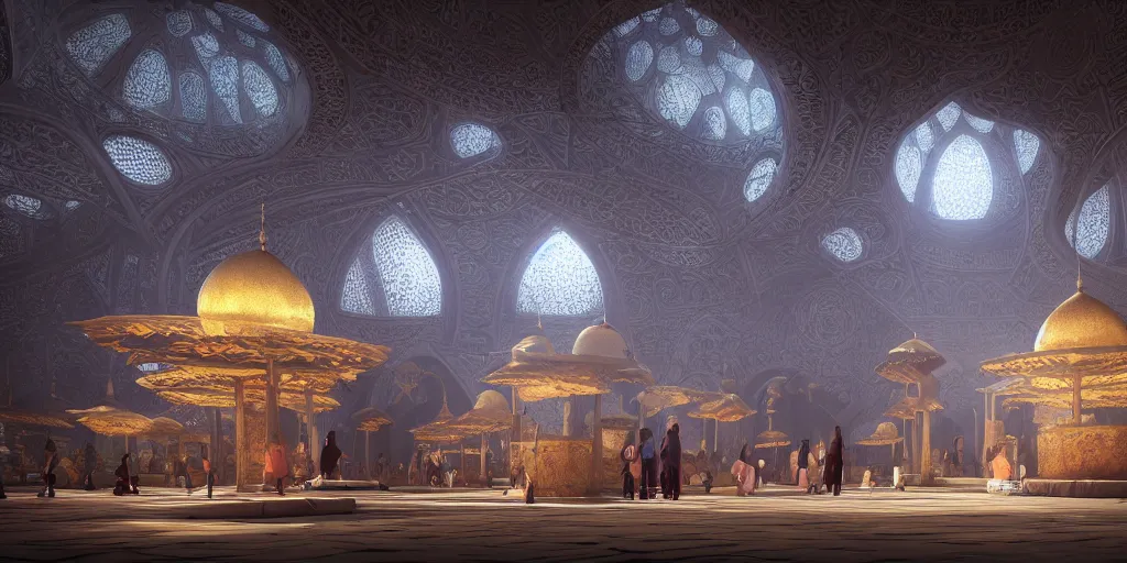 Image similar to Photorealistic mosque in dark giant glowing mushroom underworld, with great domes and arches, people and androids wearing traditional japanese clothing. photorealism, UHD, amazing depth, golden ratio, 3D octane cycle unreal engine 5, volumetric lighting, cinematic lighting, artstation,cgstation, concept art