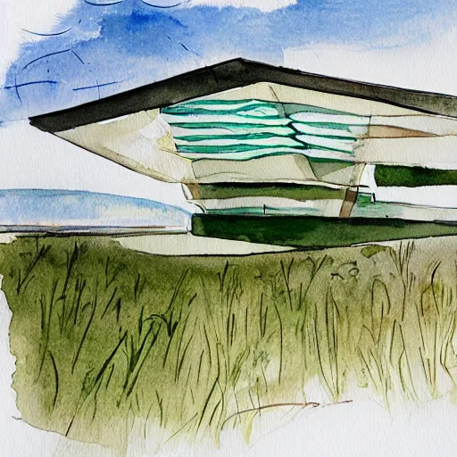 Prompt: watercolor sketch of organic rectangular architecture concept, sea, renzo piano, sketche, villa, people, beach, artistic, ecology, green.