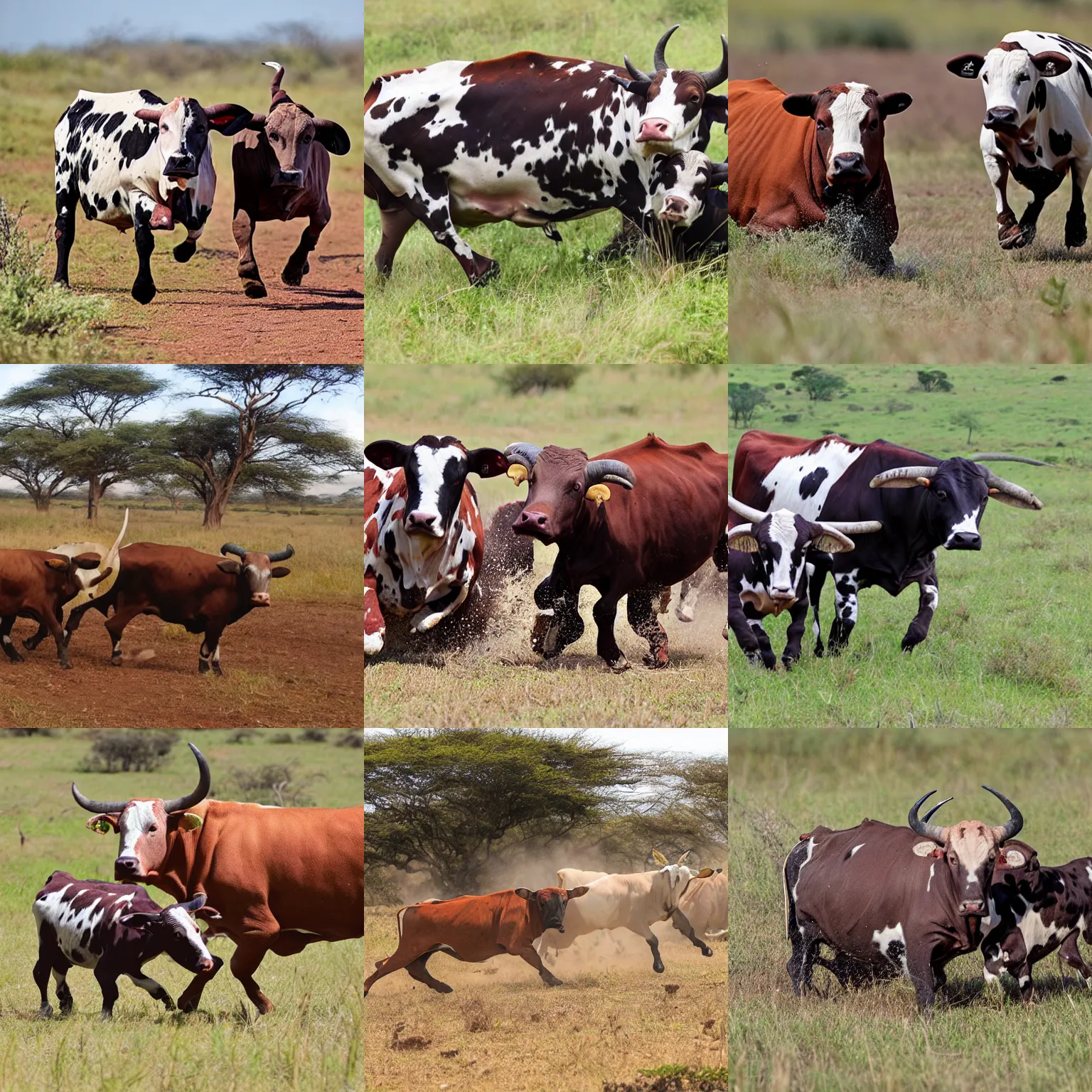 Prompt: two boerbulls chasing Nguni cattle