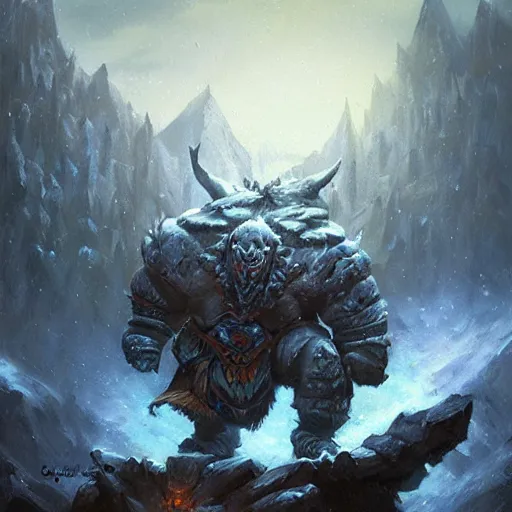 Image similar to the hero mountain king from the game warcraft, oil painting, by greg rutkowski