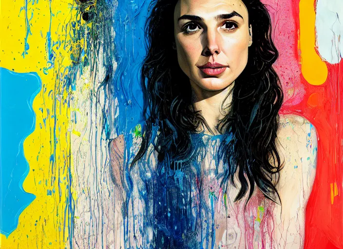 Prompt: portrait of gal gadot in fear, by vincent lefevre and hernan bas and pat steir and hilma af klint, psychological, photorealistic, dripping paint, washy brush, rendered in octane, altermodern, masterpiece