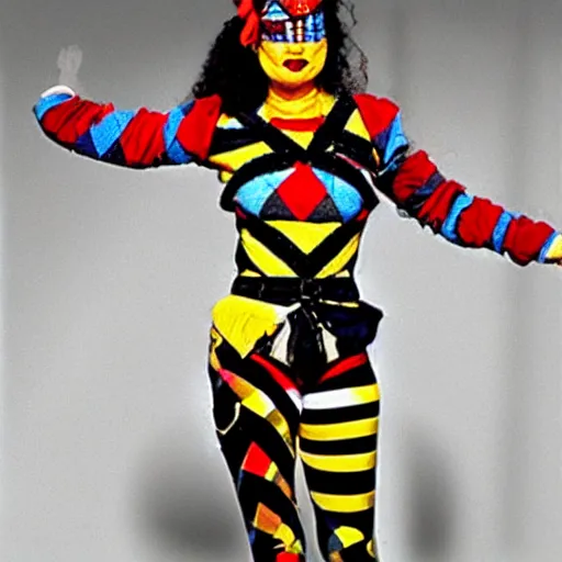 Image similar to photo of a real-life beautiful female harlequin warrior,