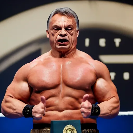 Prompt: pumped up muscled hungarian prime minister viktor orban as a wwe wrestler, real life photograph, award winning photograph, 4 k