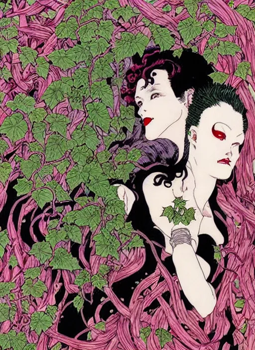 Prompt: poison ivy has the joker tied up in vines, intricate, art nouveau, art by takato yamamoto